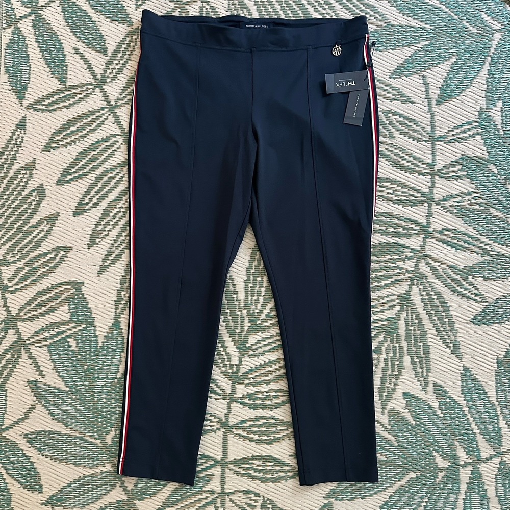 NWT Tommy Hilfiger THFLEX Womens XXL Ponte Pants Navy Side Stripe Compression